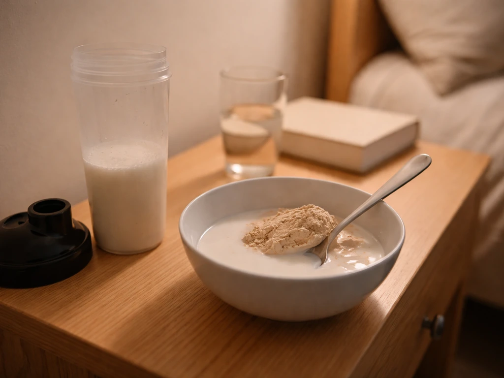 Protein shaker and a measured bowl of pre-bed protein on a bedside nightstand beside water.
