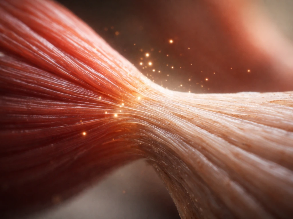 Close-up of a contracting muscle and tendon fibers with subtle, glowing signaling molecules around the connection