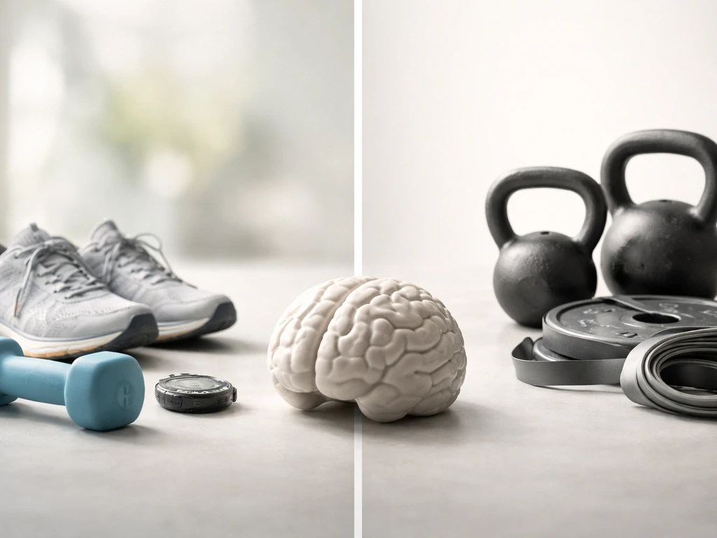 Two simple tabletop panels showing aerobic items on one side and lifting items on the other beside a brain-shaped sculpt