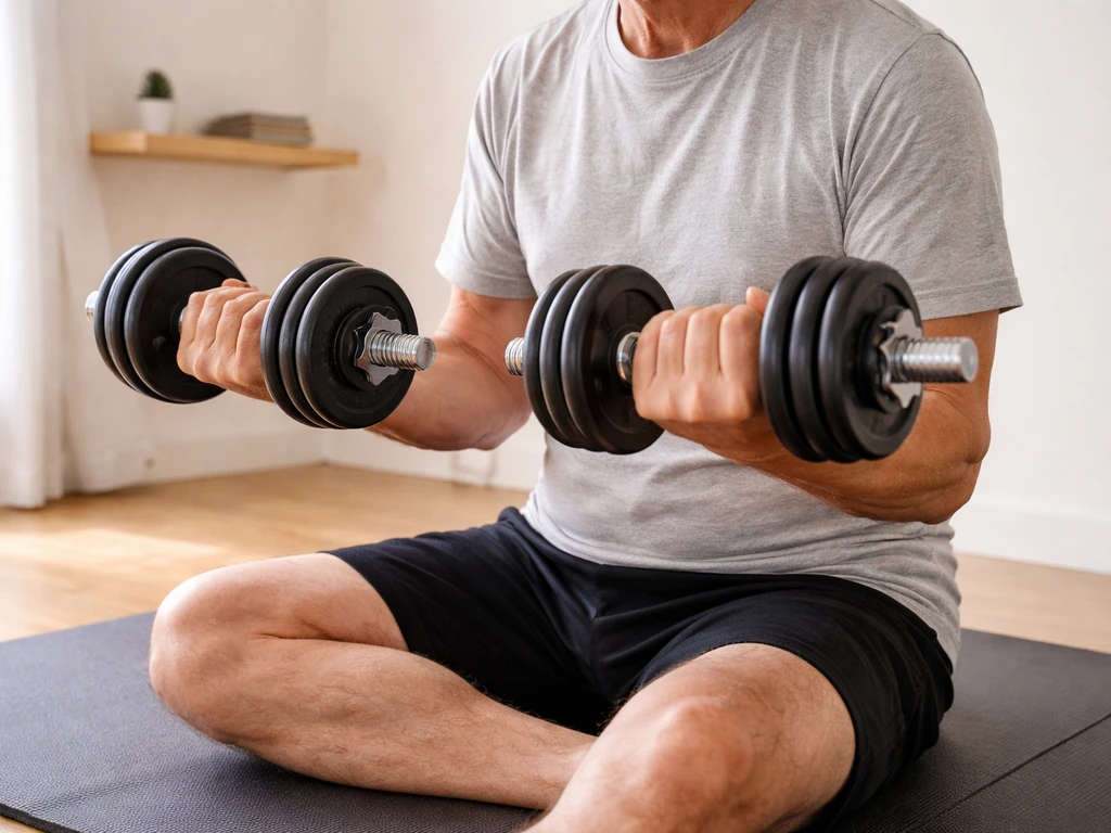 Person using dumbbells in a simple home workout setup for strength training after 60.