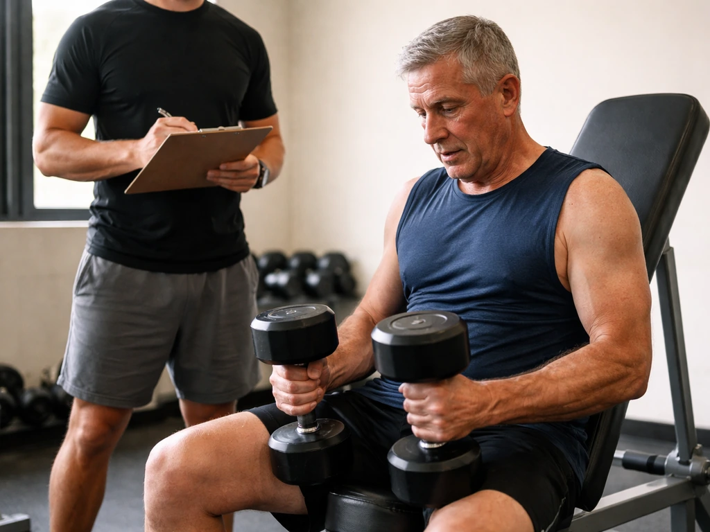 Older adult exercising with a dumbbell, pausing after a near-failure set in a quiet gym.