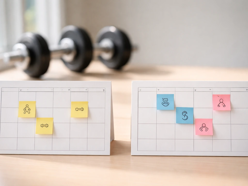 Side-by-side weekly calendars on a desk with sticky notes marking full-body vs split training days.