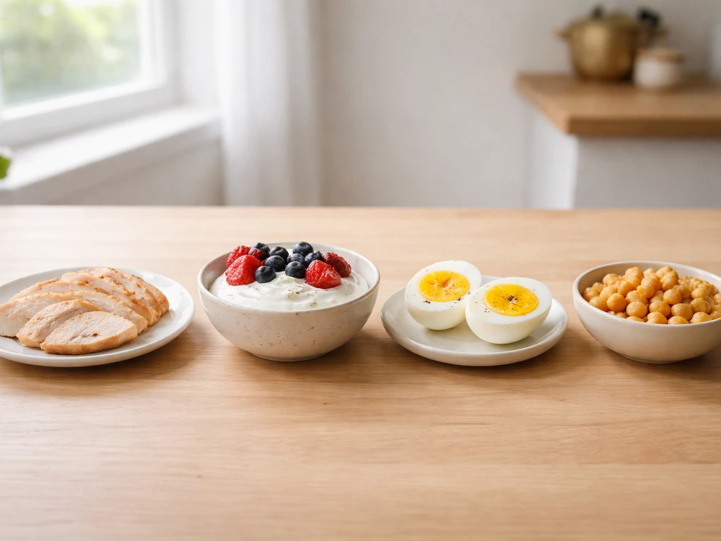 Four bowls and plates with measured protein portions laid out for a day: chicken, Greek yogurt, eggs, and beans