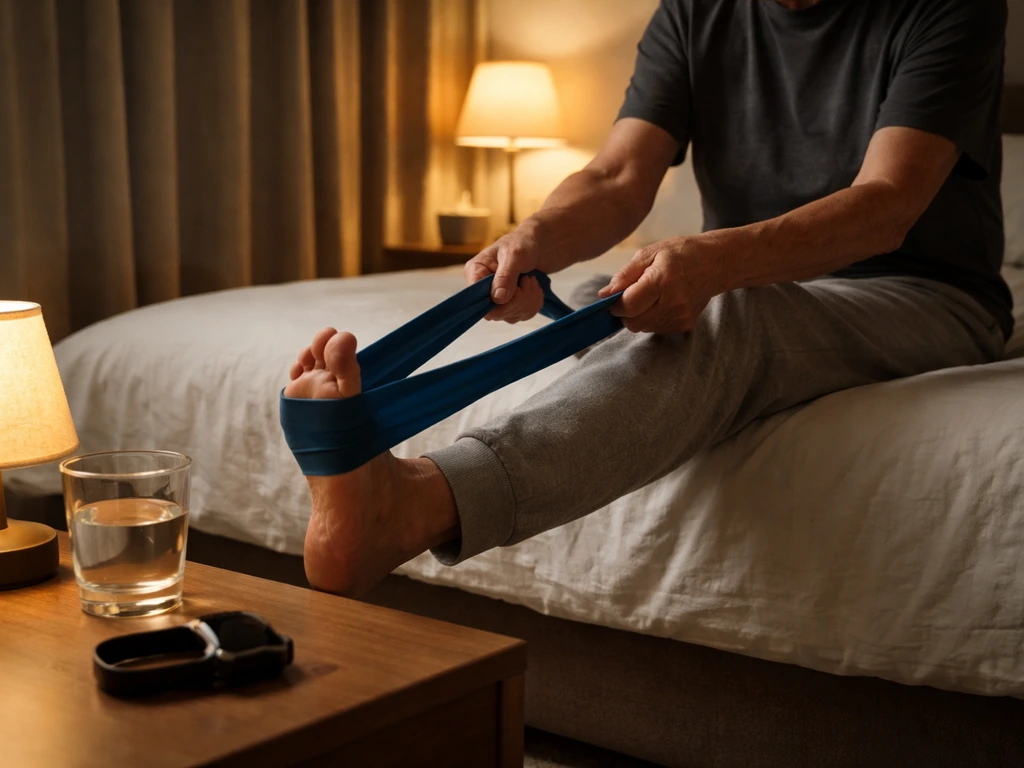 Older adult in a dim bedroom stretching with a smartwatch on bedside for a sleep routine