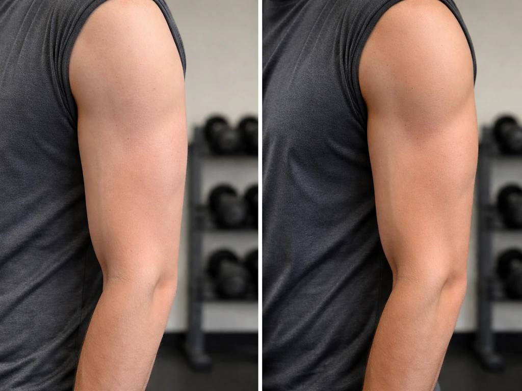 Split view of a gym arm with subtle short-term change versus more defined growth after longer training.