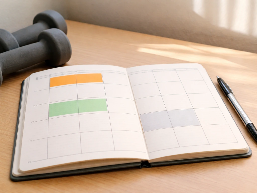 Open weekly planner on a desk with highlighted full-body days and a lighter rest day, plus pen and dumbbells.