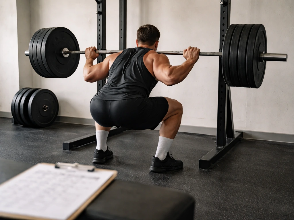 Anonymous lifter performing a heavy barbell squat in a quiet gym beside a blurred workout sheet.