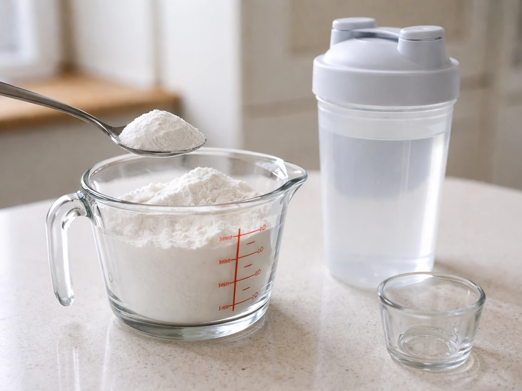 Creatine monohydrate powder being scooped from a glass measuring container beside a shaker bottle