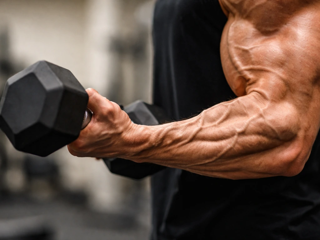 Close-up of a forearm muscle flexing while lifting, showing full-range tension under load.