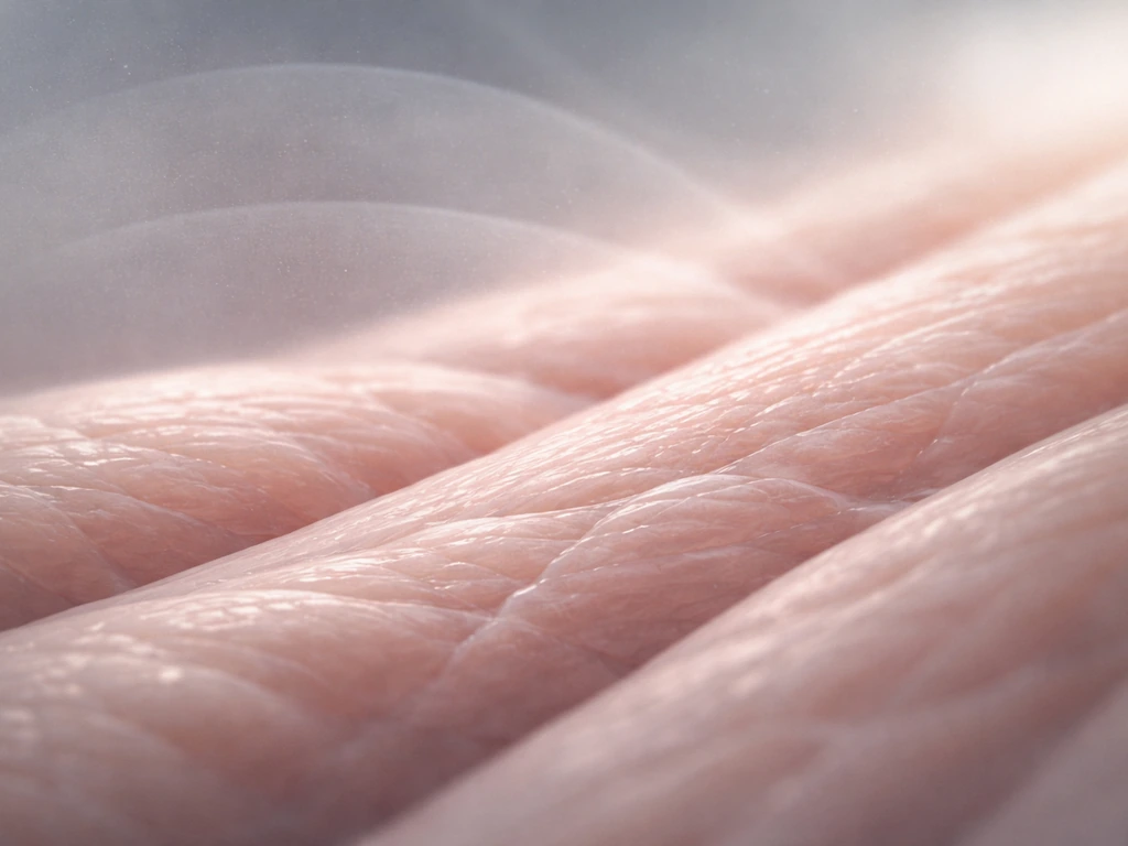 Medical scene showing uncertainty about muscle growth, with an anonymous close-up of tissue-like textures and blurred ov