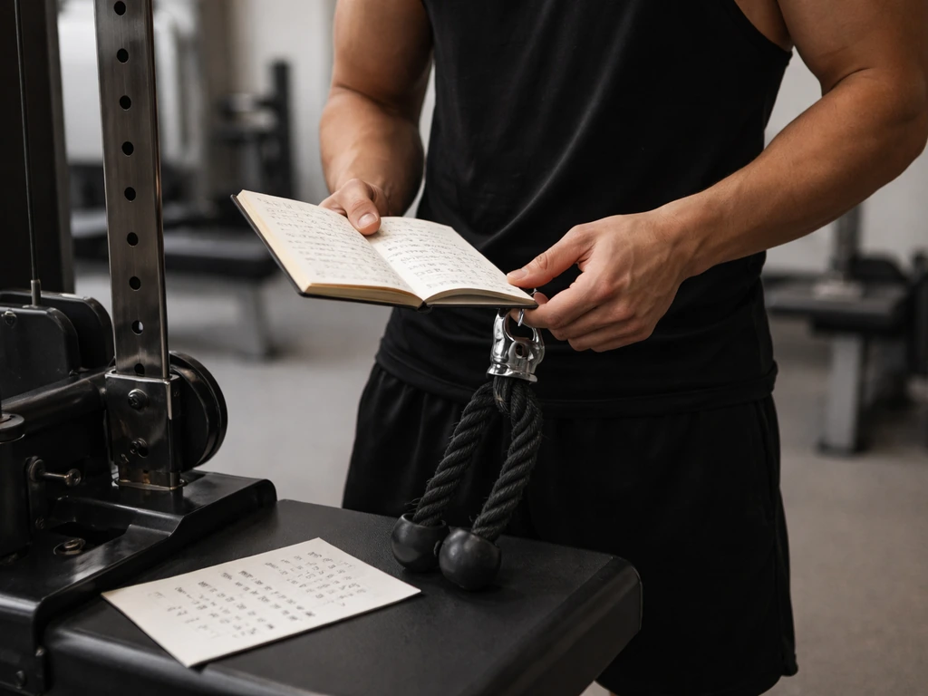 Person in a quiet gym planning weekly workout sets beside machines, notebook open with workout notes