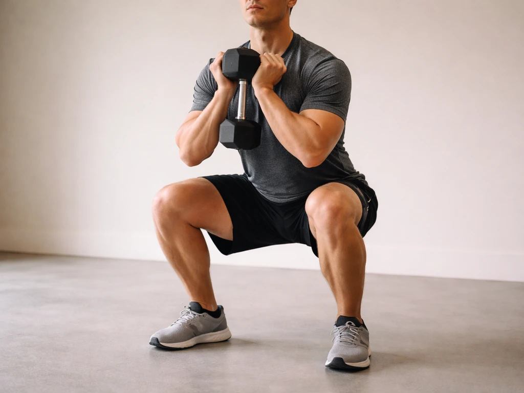 Beginner doing a goblet squat with proper form in a simple home workout space.