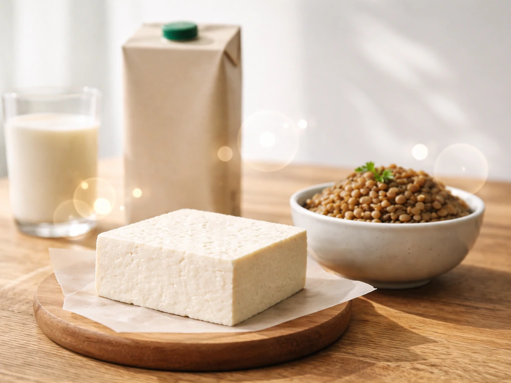 Minimal still life of tofu, lentils, and soy milk with soft protein-target visual cues in the background