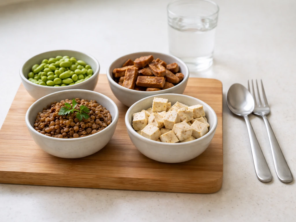Minimal meal-planning scene with measured portions of vegetarian proteins in bowls on a kitchen counter.