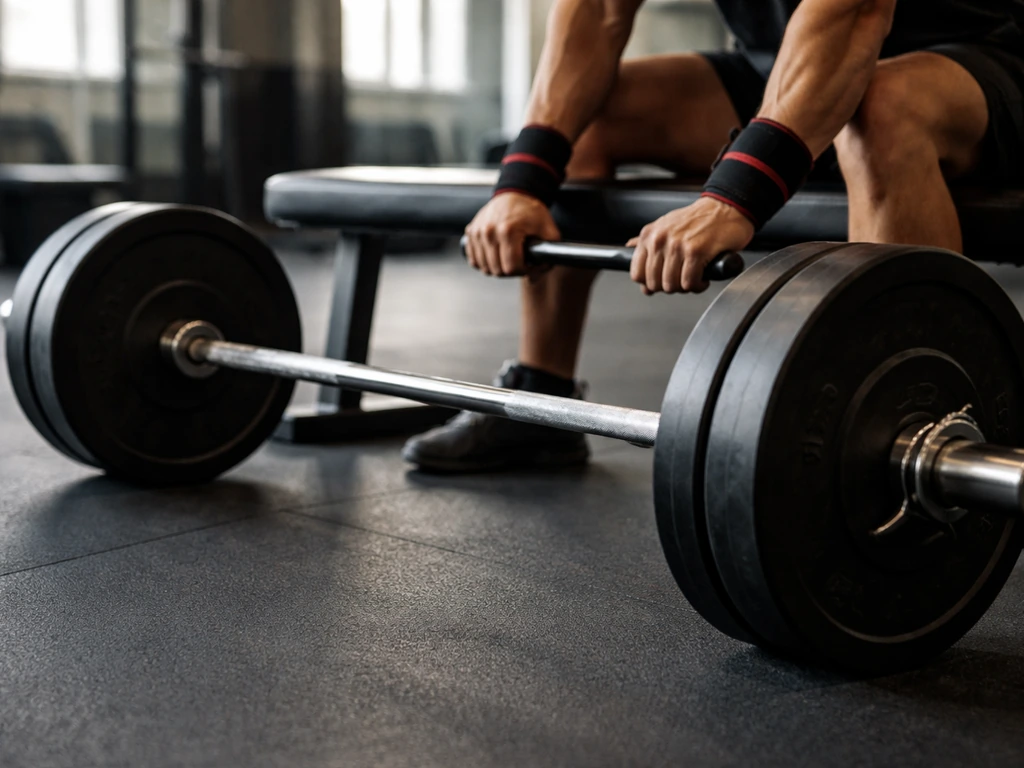 Loaded barbell setup beside a flat bench, ready for a resistance training set.