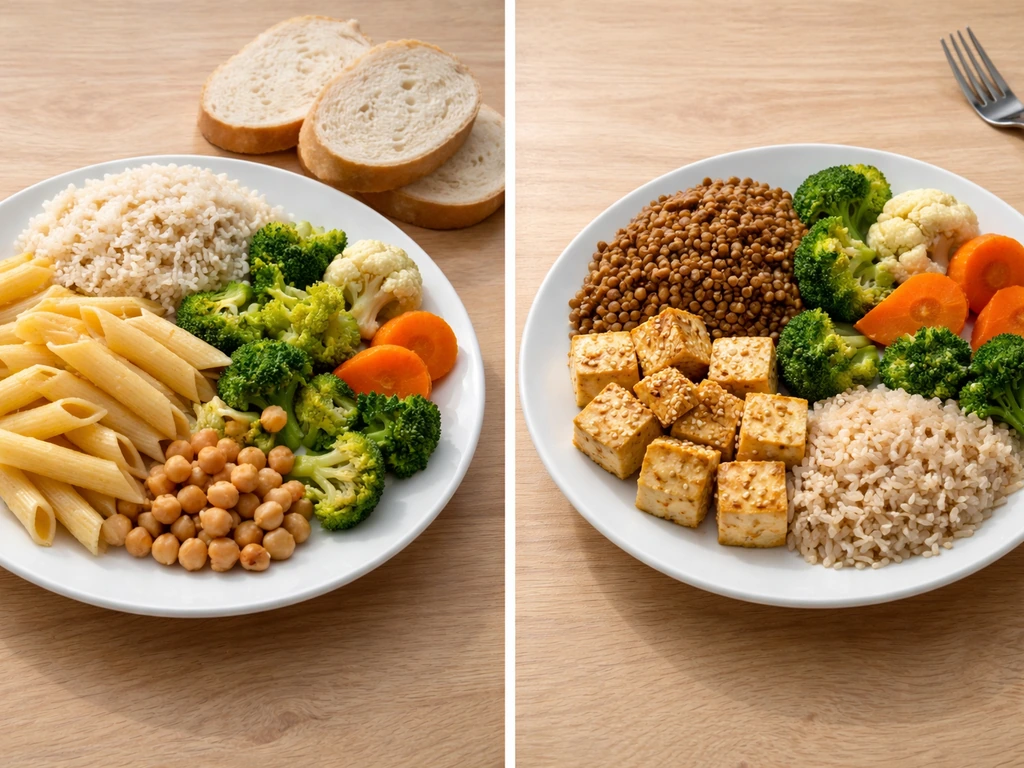 Split image: left under-protein vegetarian meal with carbs/veg, right higher-protein vegetarian plates with legumes and