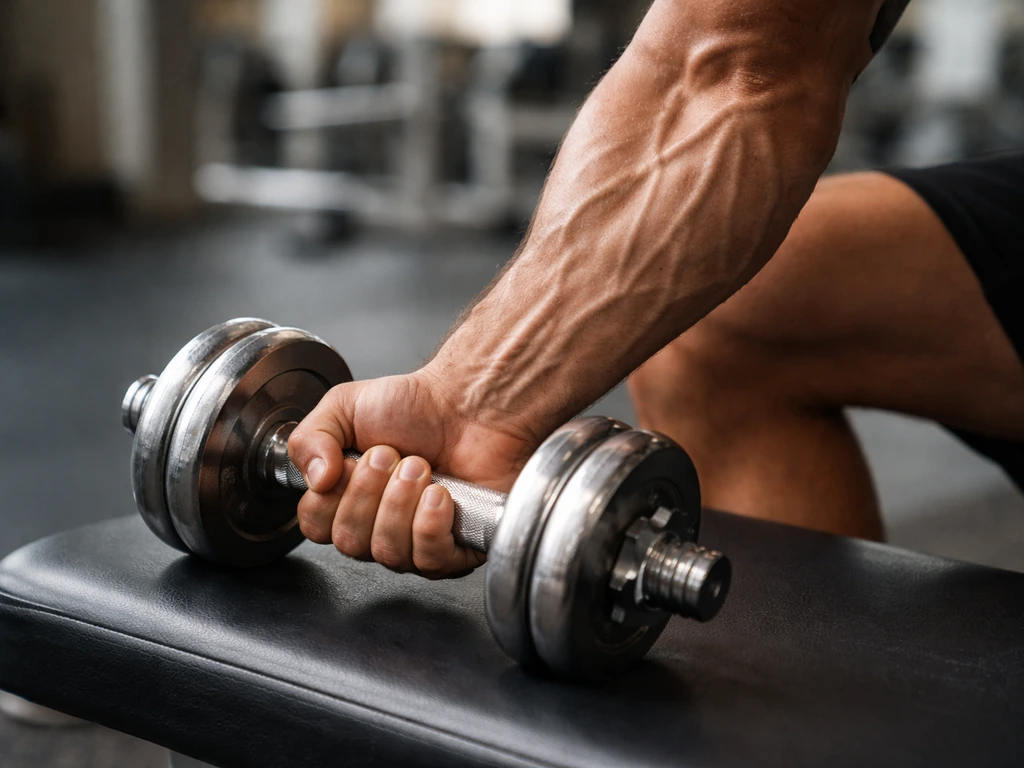 Close-up of an anonymous athlete’s forearm muscles tensing under light weight near workout fatigue