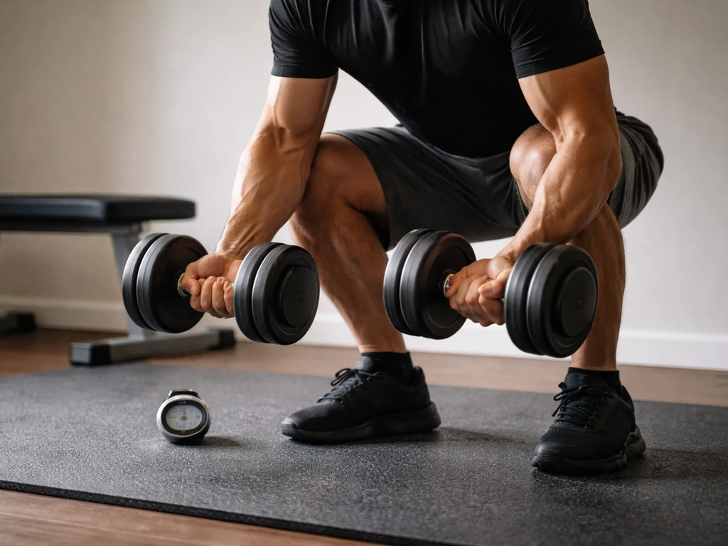 Anonymous person slowly lowering dumbbells in a minimal home gym with a small timer nearby.
