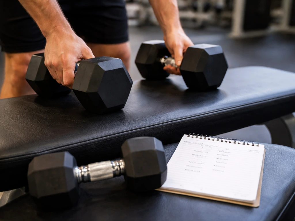 Anonymous hands in a gym swapping dumbbells while a blank notebook suggests tracking higher reps at same weight.