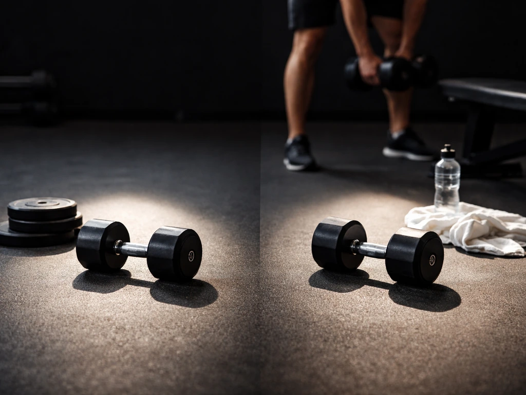 Two dumbbells on a quiet gym floor, with one set implied to be stopped early and the other near failure.