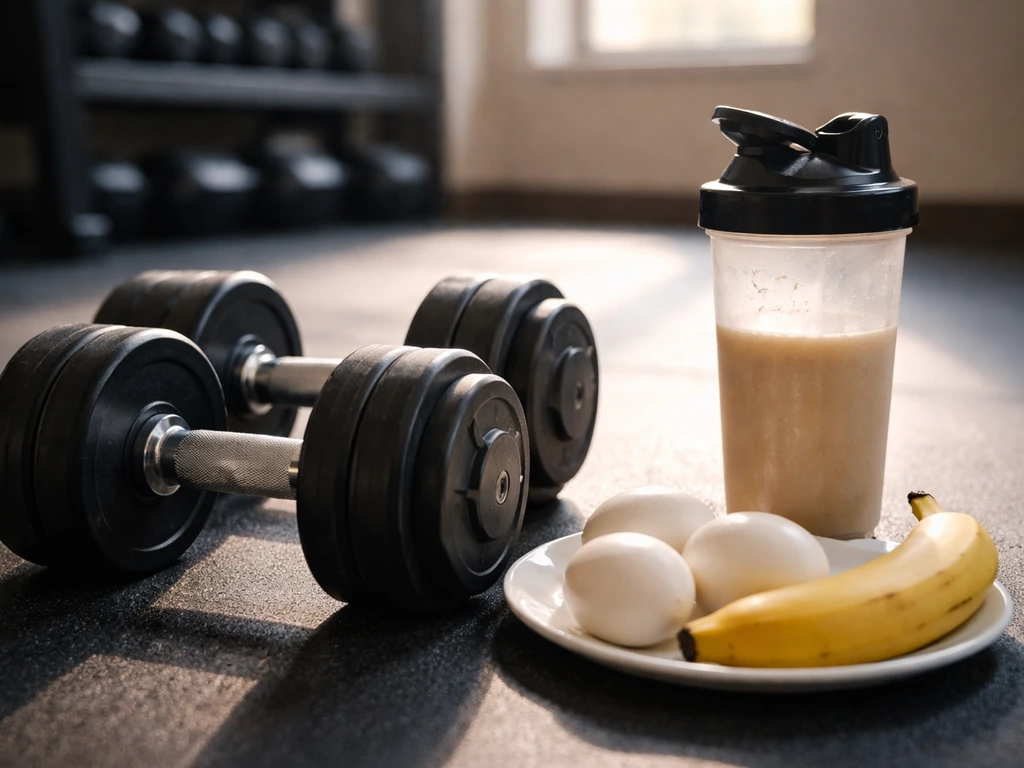 Dumbbells beside a protein shaker and simple foods, suggesting progressive training and nutrition for muscle growth.