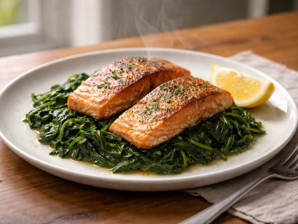 Plate with seared salmon over a generous side of wilted spinach, simple natural-light meal scene.