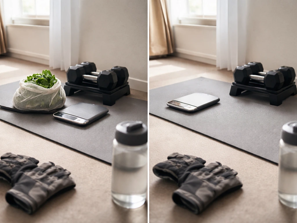 Minimal home gym scene: dumbbells and scale with spinach present on one side, absent on the other.