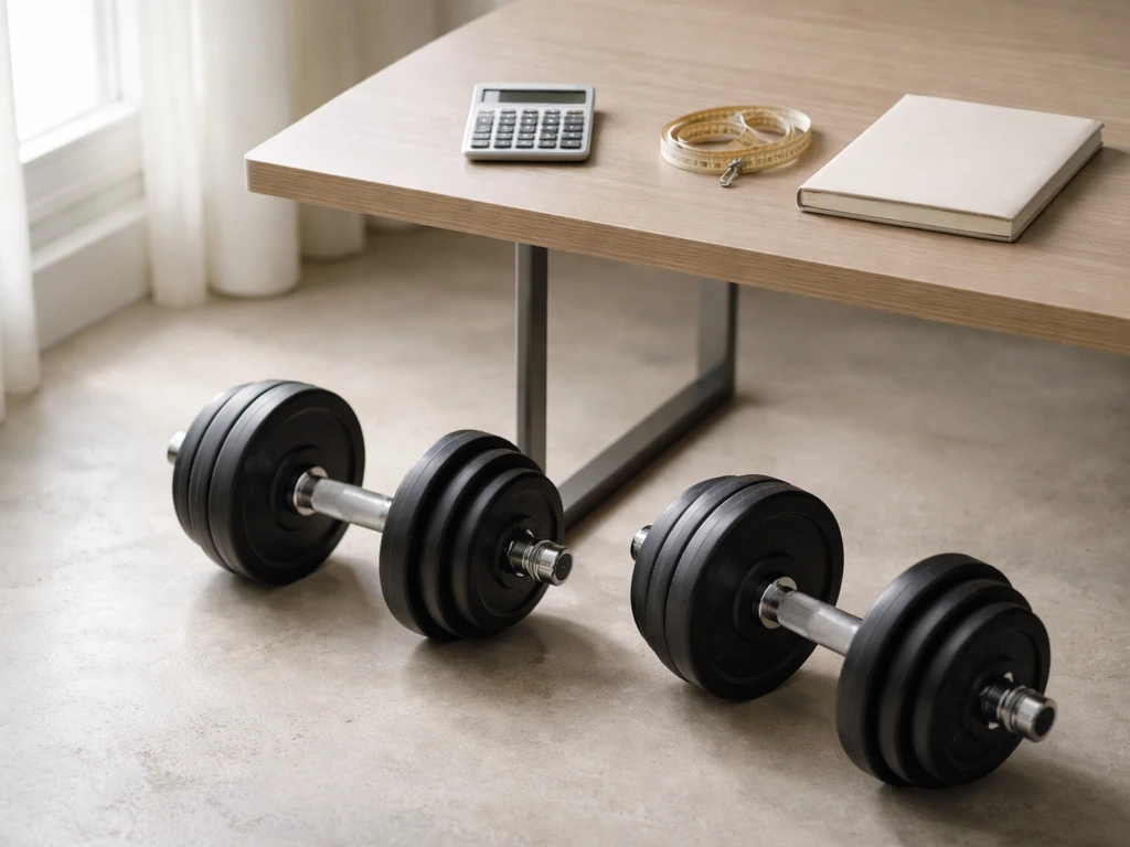 Minimal desk scene with a calculator and dumbbells, symbolizing realistic muscle gain ranges over three months
