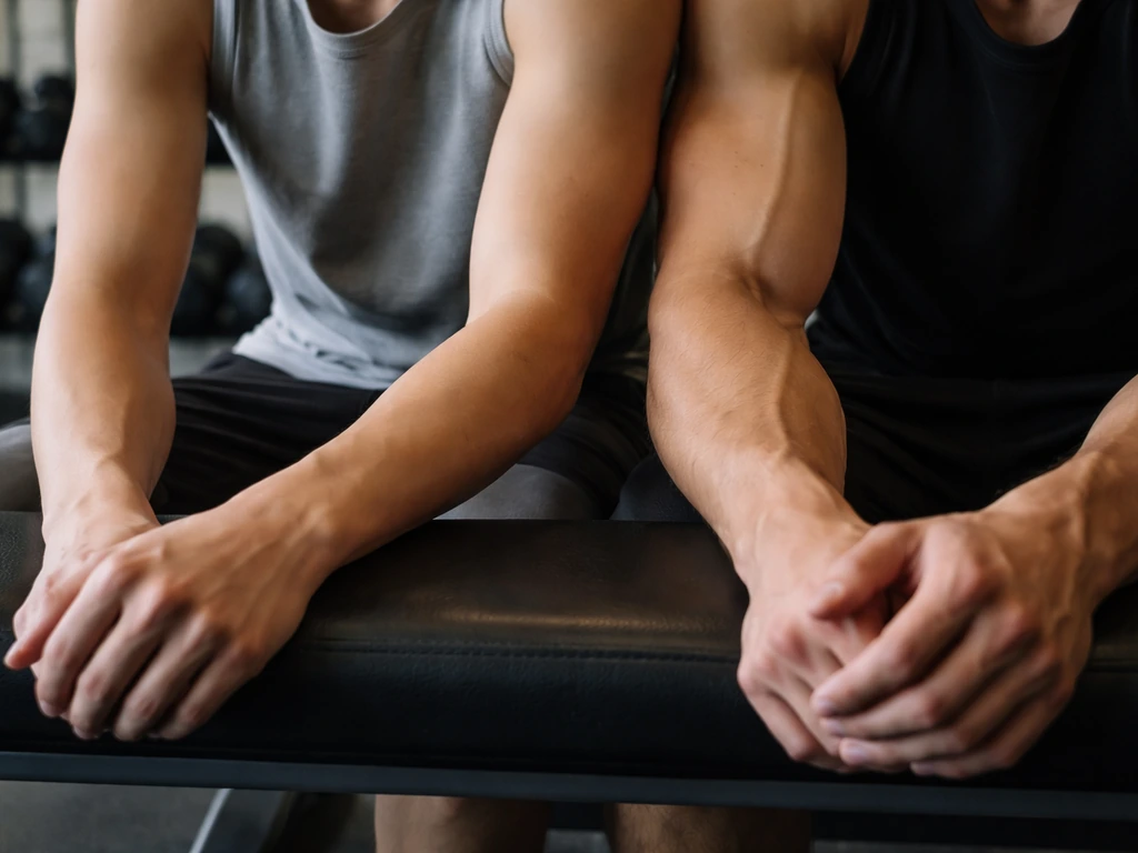 Minimal photo showing two anonymous fitness progress scenes with muscle-focused visuals and a clear beginner vs intermed