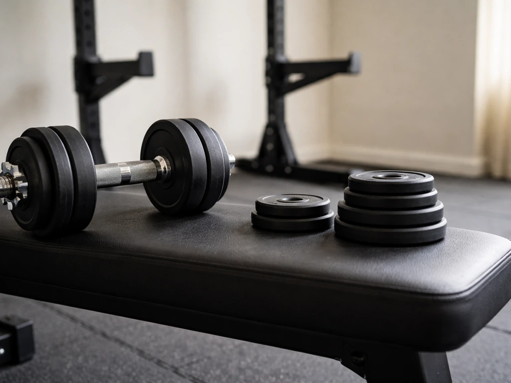 Close-up of dumbbells and small incremental weight plates on a bench/squat rack setup for progressive overload.