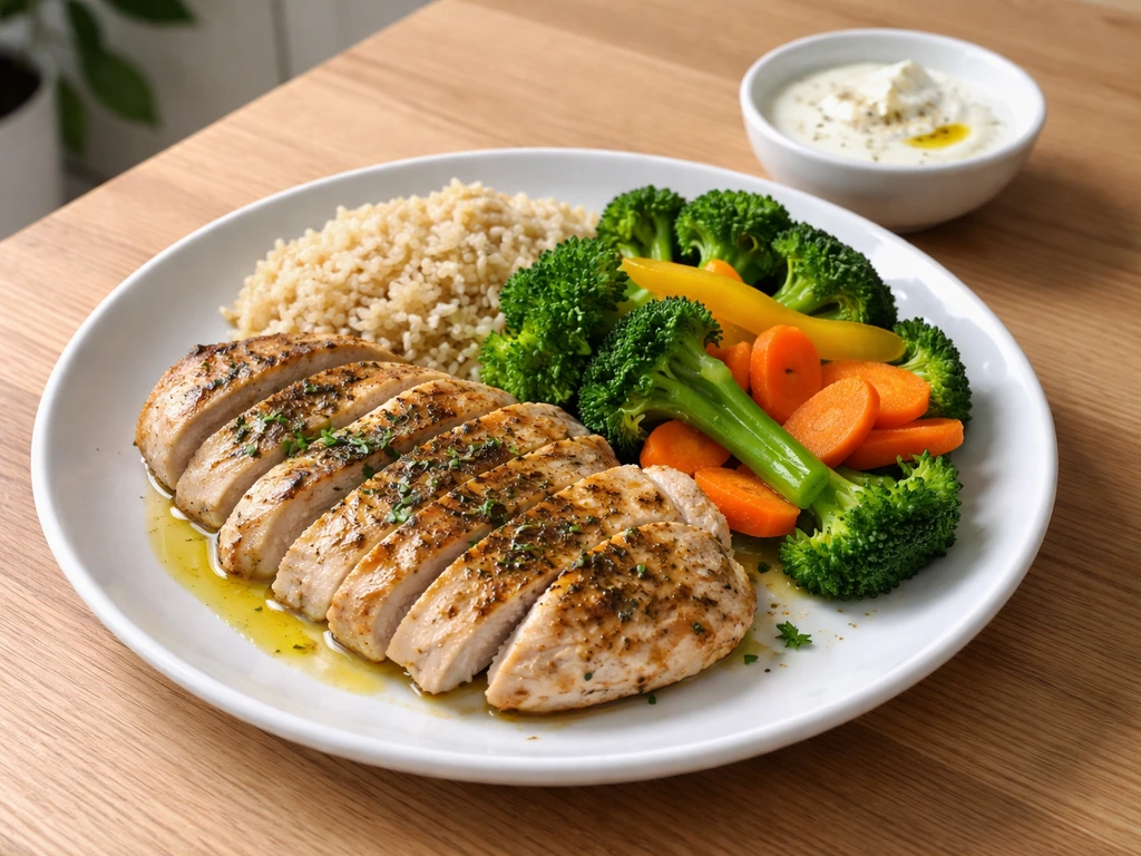 Minimal muscle-gain meal plate with chicken, rice, vegetables, and yogurt on a wooden table.