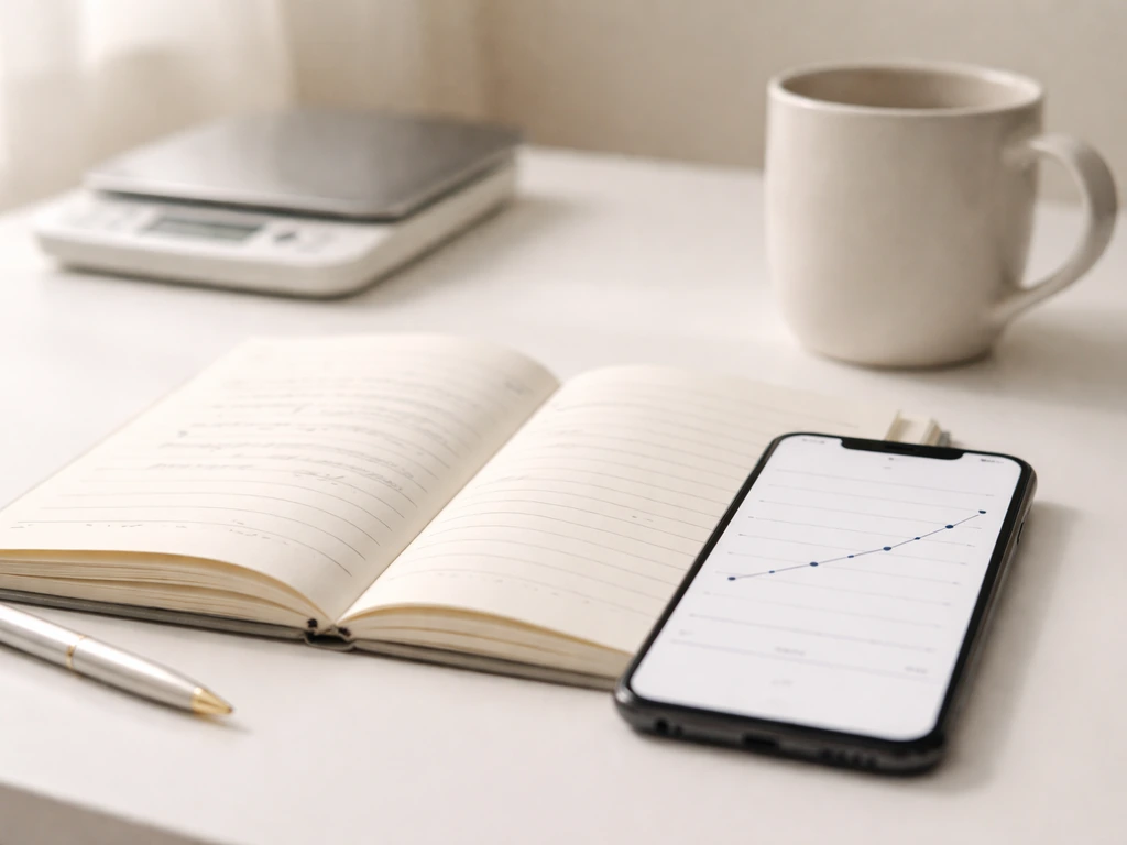 Minimal desk scene with a notebook open beside a smartphone showing a simple weekly bodyweight line.