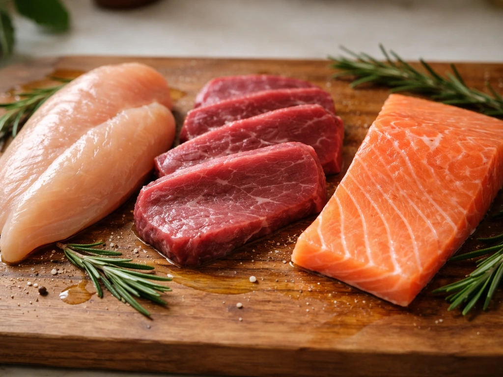 Close-up of lean chicken, beef, and salmon on a cutting board with natural light highlighting textures.