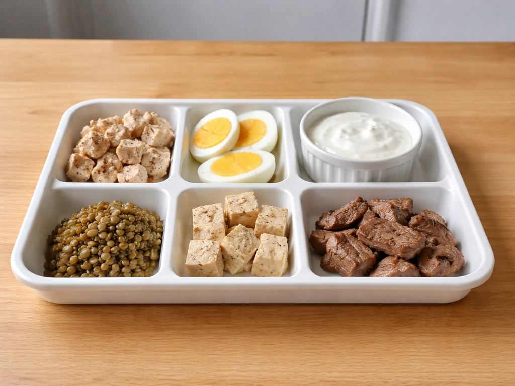 Minimal tray showing meat and non-meat protein foods arranged side by side on a table.