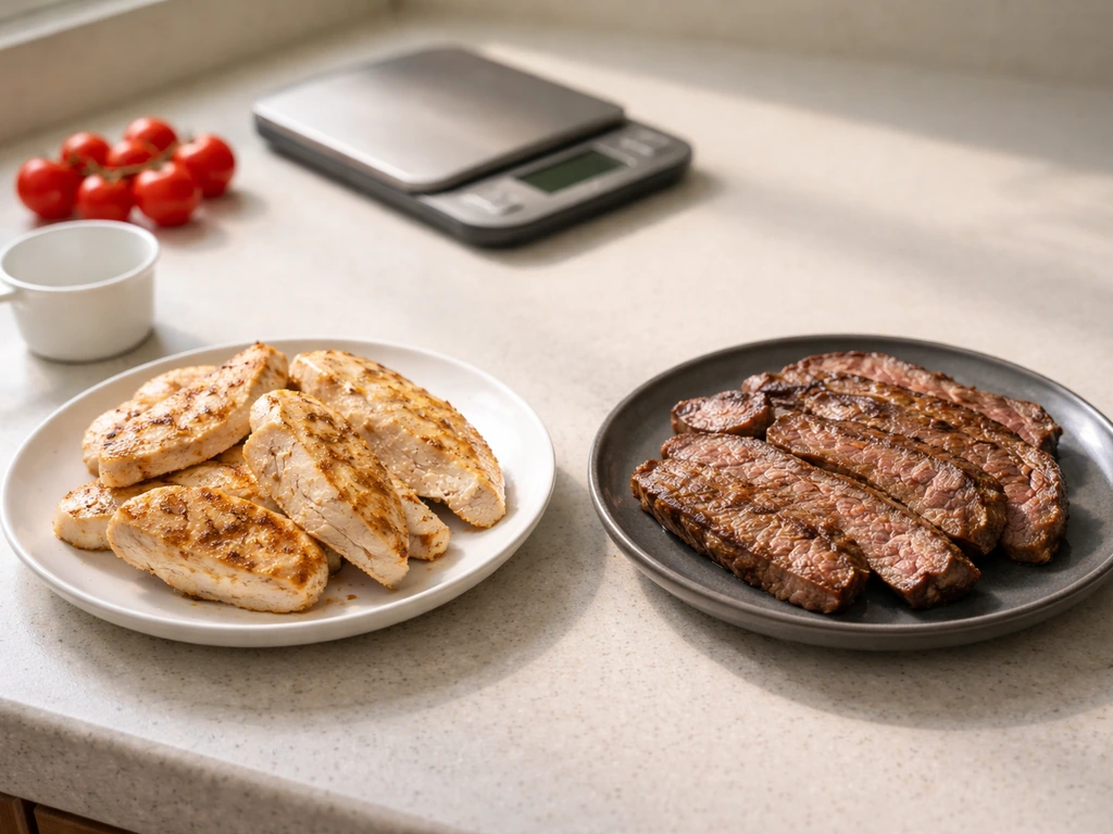 Two plates of grilled lean chicken and higher-fat ribeye on a kitchen counter, minimal and realistic.