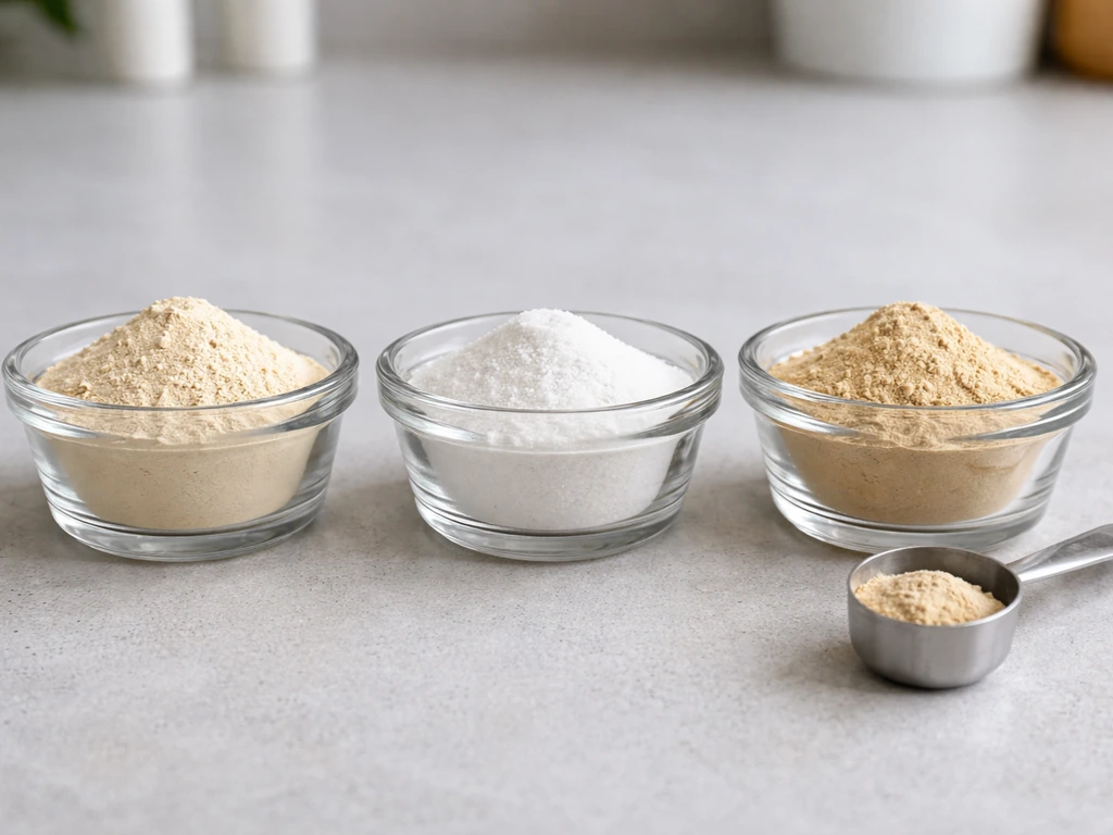 Three powder ingredients in glass ramekins on a light counter, shot in close-up with natural light.