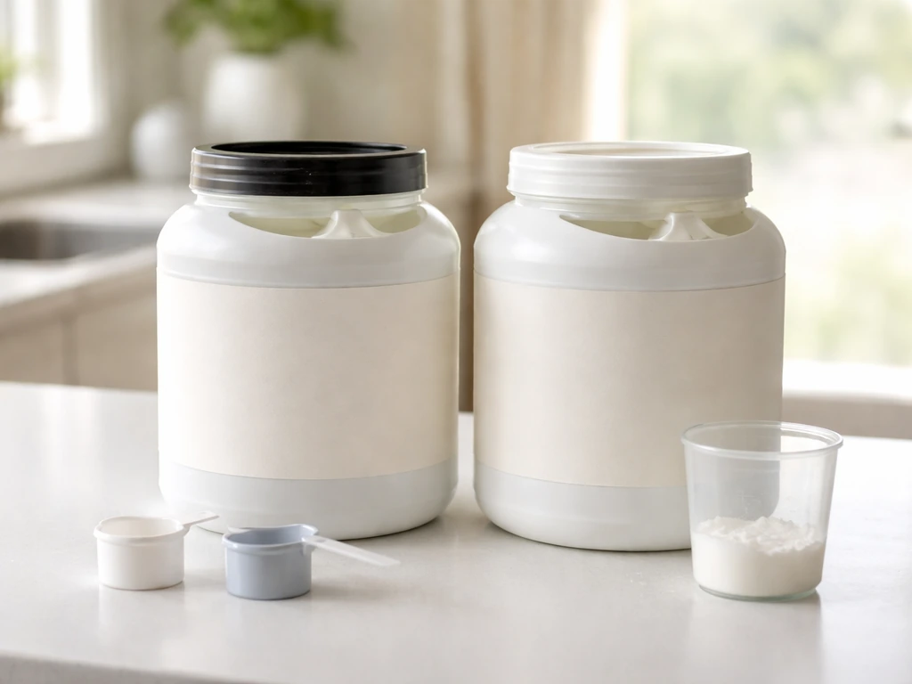Two anonymous supplement tubs and scoops on a kitchen counter, softly lit, minimal side-by-side setup.
