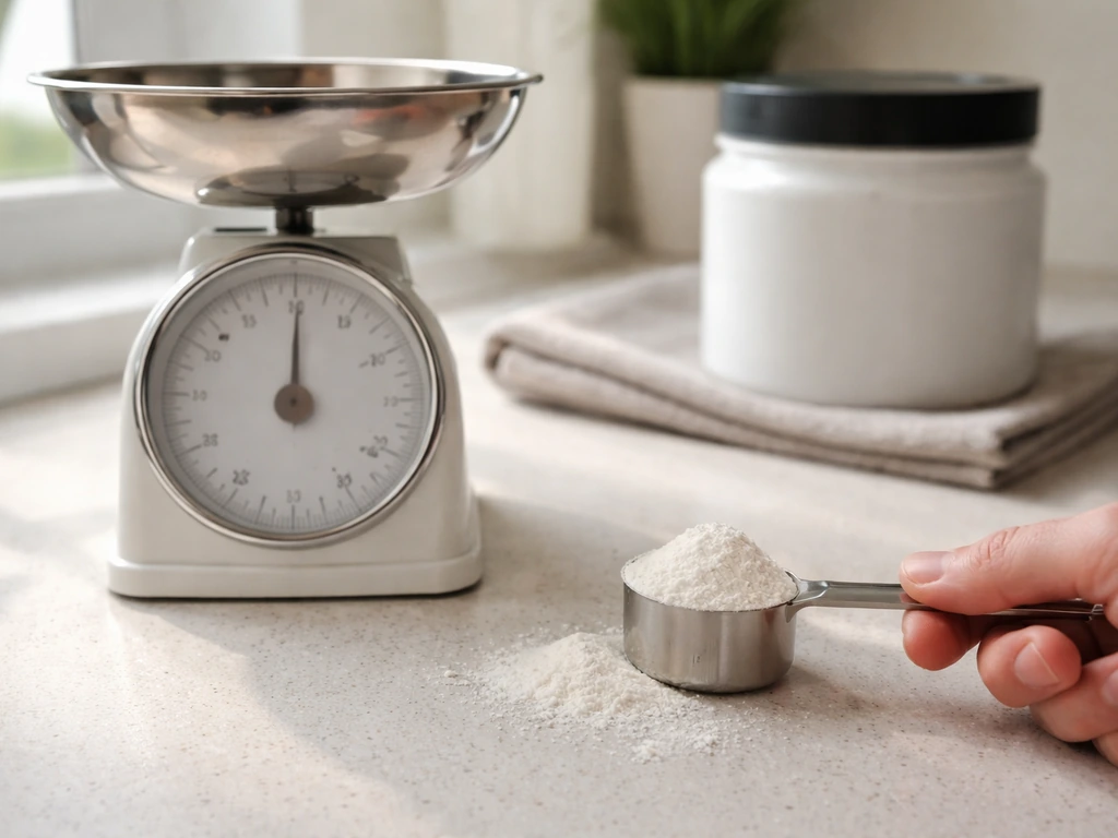 Close-up of a kitchen scale and measuring scoop beside a tub of creatine powder, showing early loading setup.