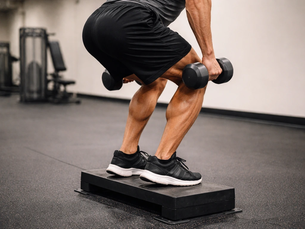 Man performing bent-knee calf raises in a simple gym, focused on calf training.