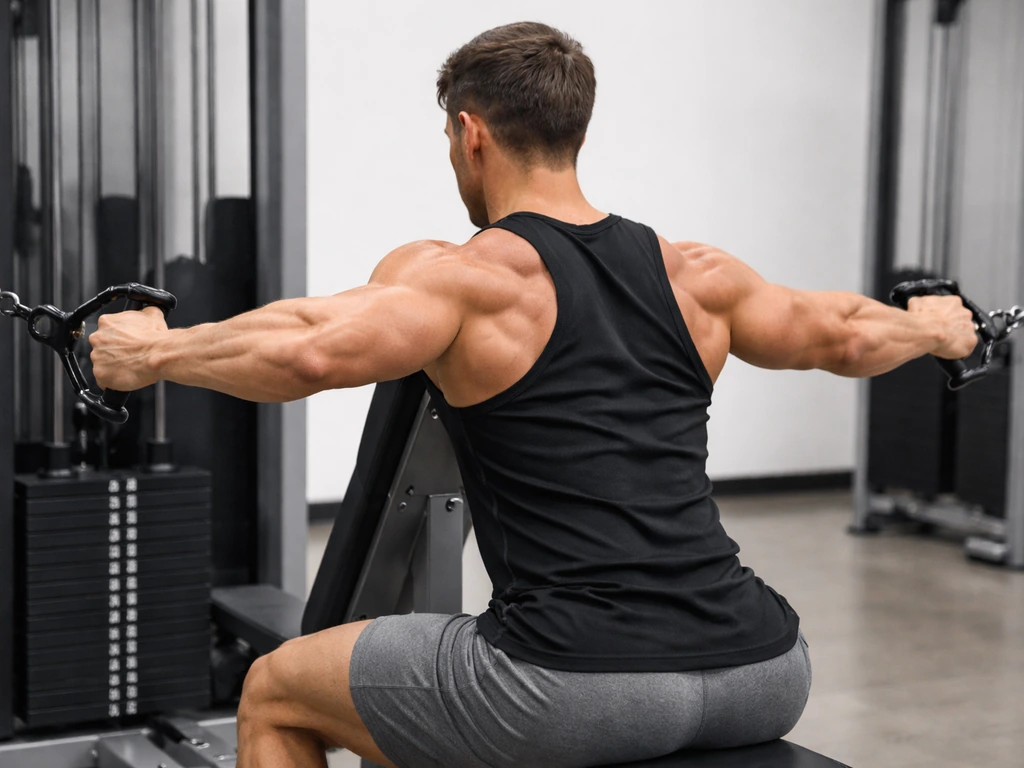 Single athlete mid-rep cable reverse fly, shoulders set back to target rear delts.