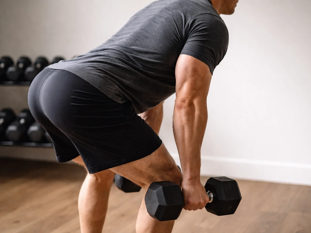 Person holding a controlled Romanian deadlift position, showing braced neutral spine and lower-back focus.