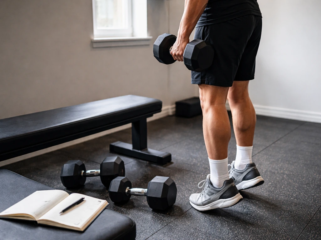 Person doing slow calf raises beside an open blank exercise notebook in a quiet gym.