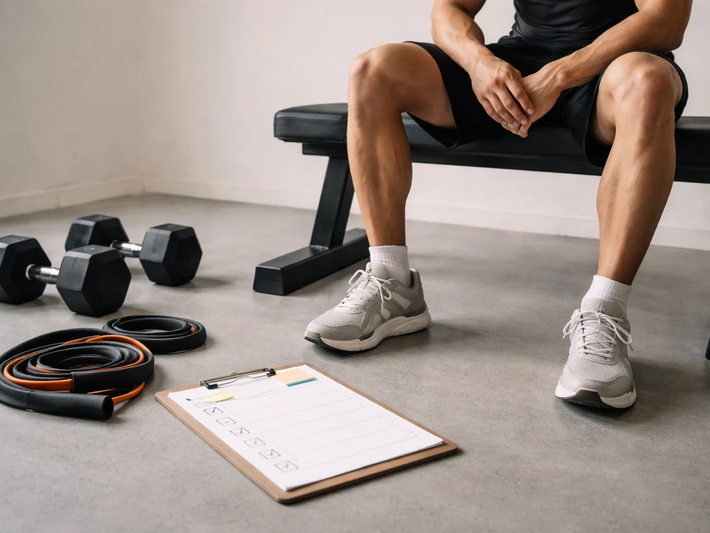 Open blank checklist on a clipboard next to a bench with dumbbells and an anonymous lifter setup.