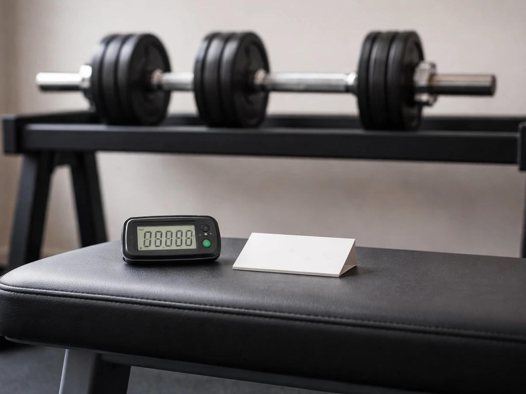 Close-up of dumbbells on a rack with a stopwatch and interval timer on a bench for hypertrophy rest.