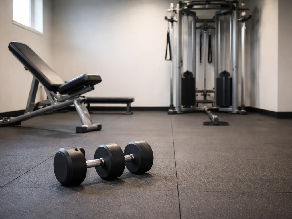 Empty gym with dumbbells for Romanian deadlifts, an incline bench, and a cable machine attachment visible.