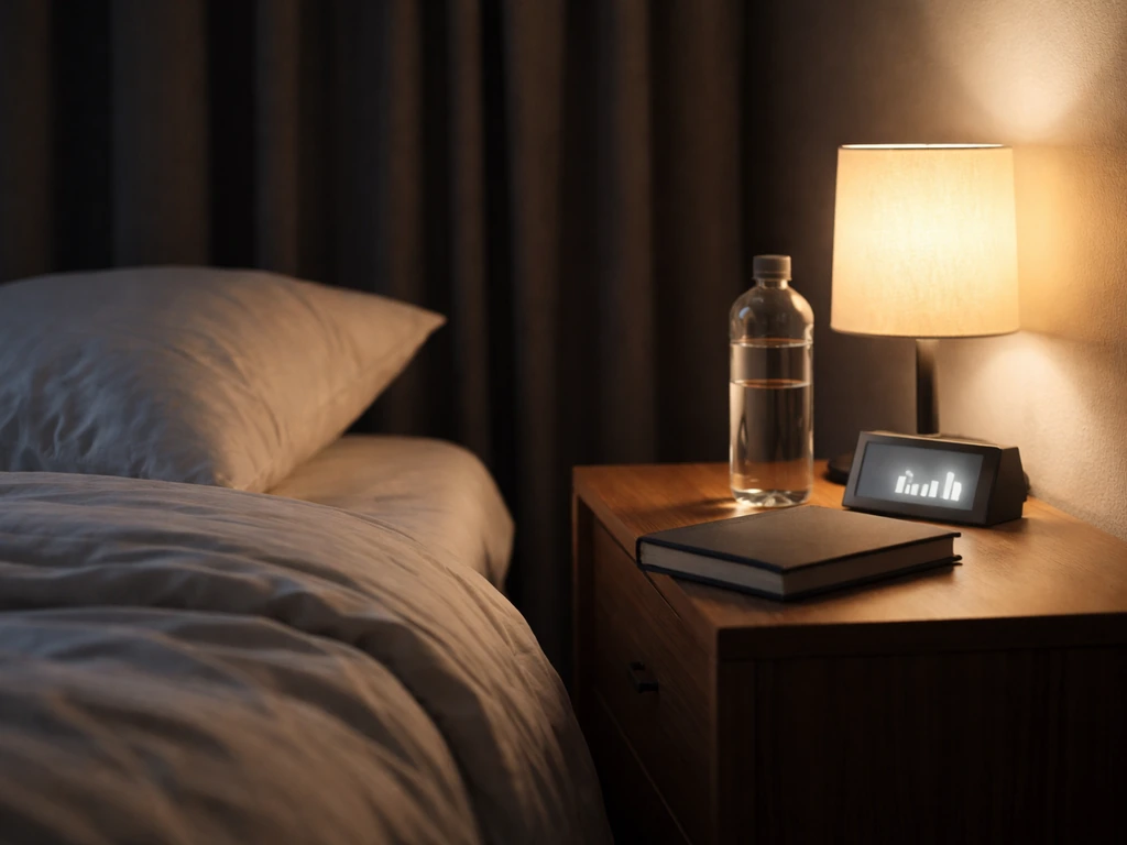Nightstand at bedtime with a closed training journal, water bottle, and softly lit alarm clock target.