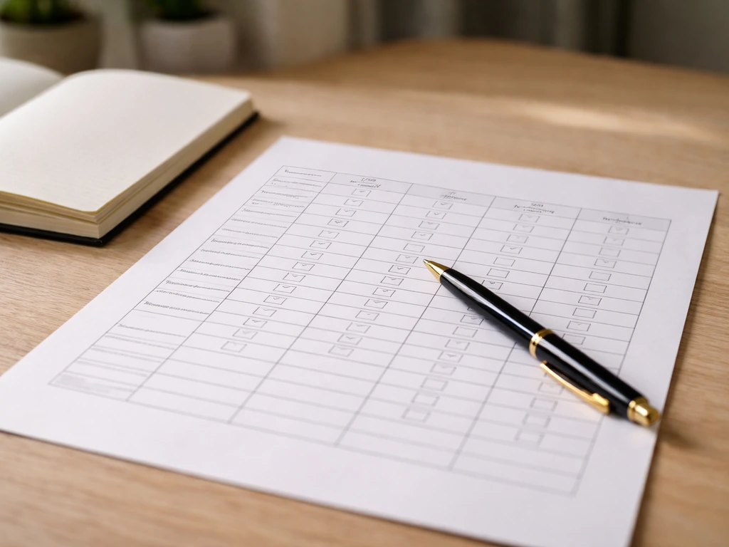 Printed 4-week fitness tracking sheet with checkboxes, baseline numbers, pen, and notebook on a desk.