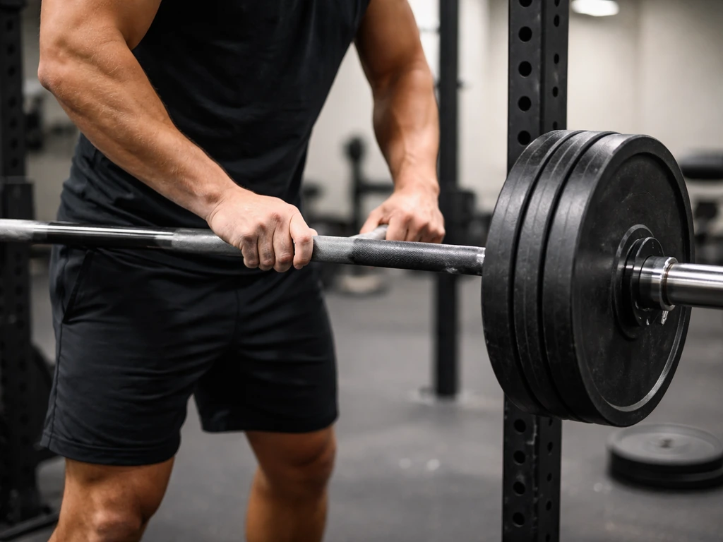 Athlete loading a barbell with additional weight in a quiet gym corner, showing progressive overload