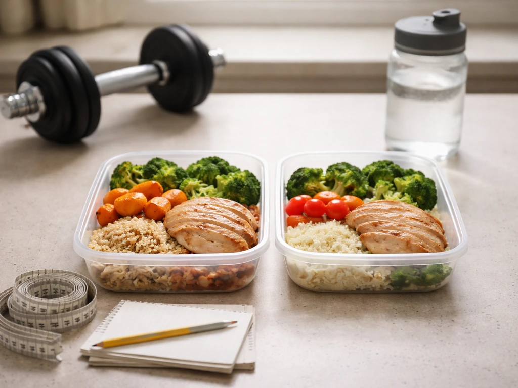 Minimal kitchen countertop scene with meal trays, tape measure, dumbbell, and blank tracking notes.