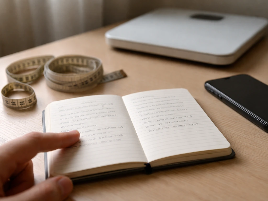 Notebook with workout notes beside measuring tape and a bathroom scale, suggesting strength progress vs body changes.
